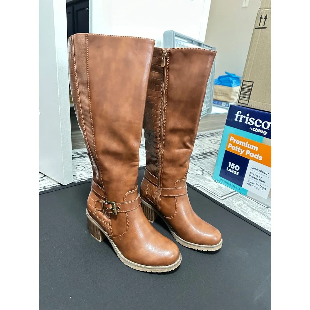 Brown Faux Leather Knee High‎ Boots Women's Buckle Detail Crocodile Embossed